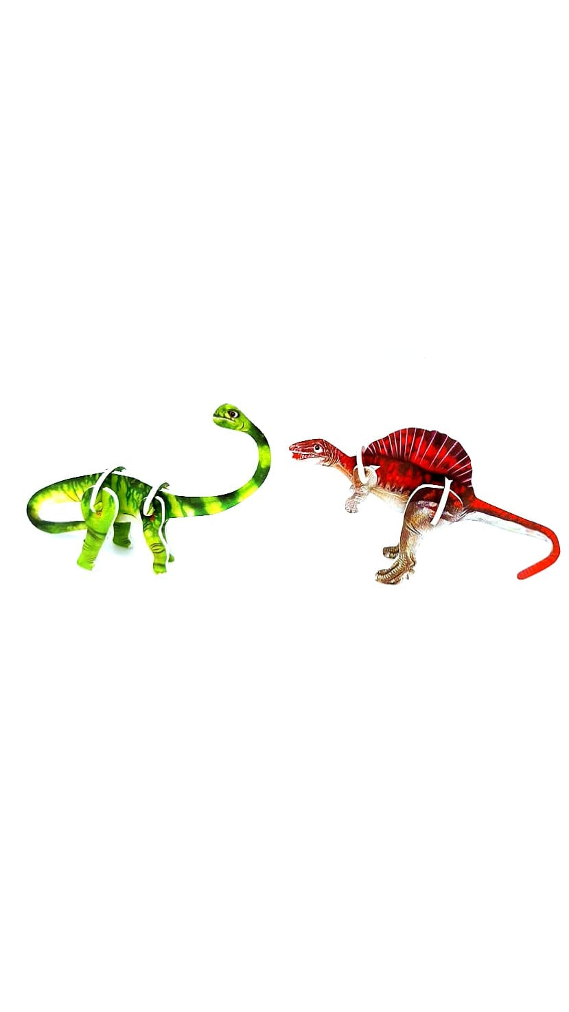 Two toy dinosaurs, one green and one red, on a white background