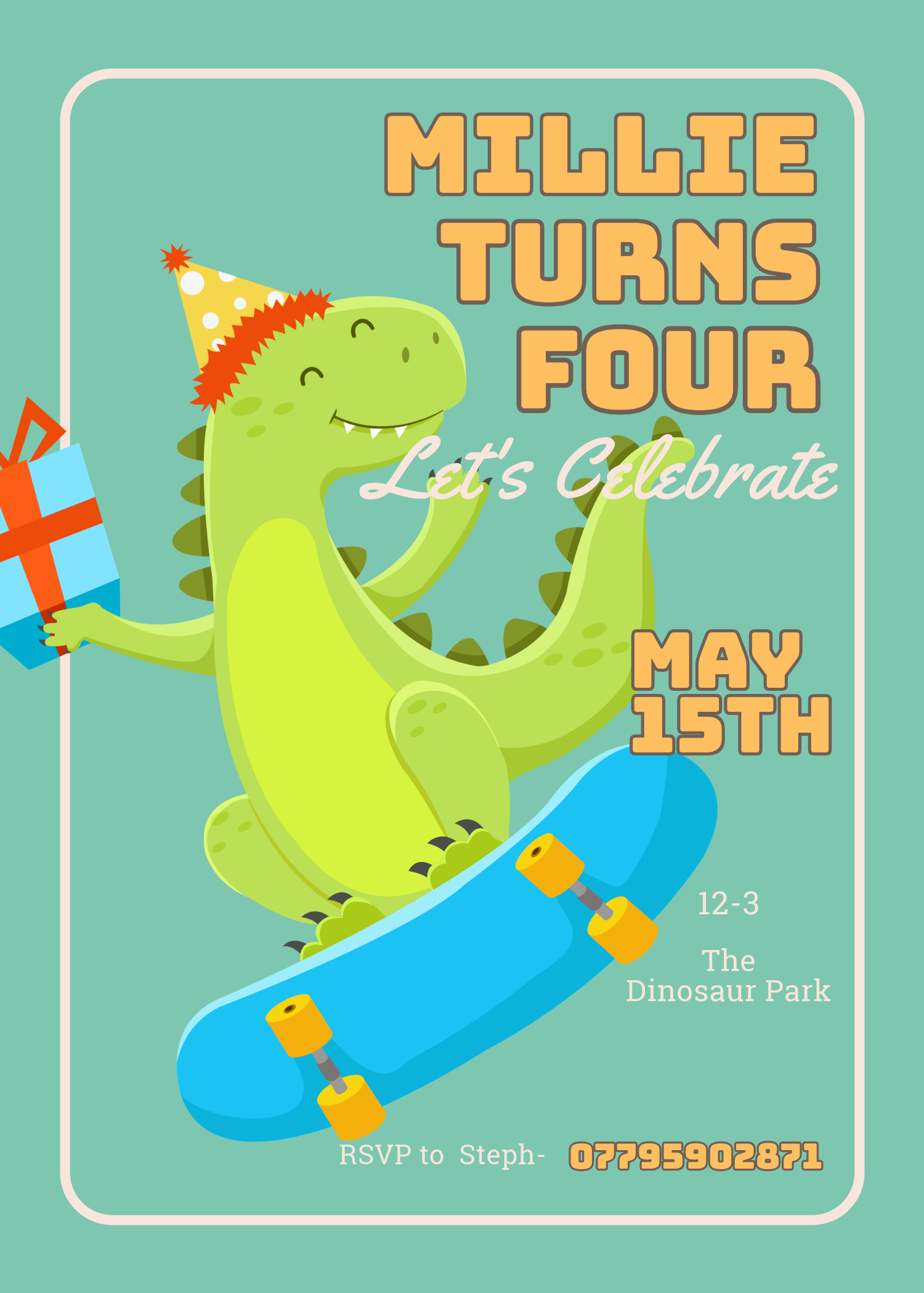 Dinosaur Skateboard Invitation - Customisable