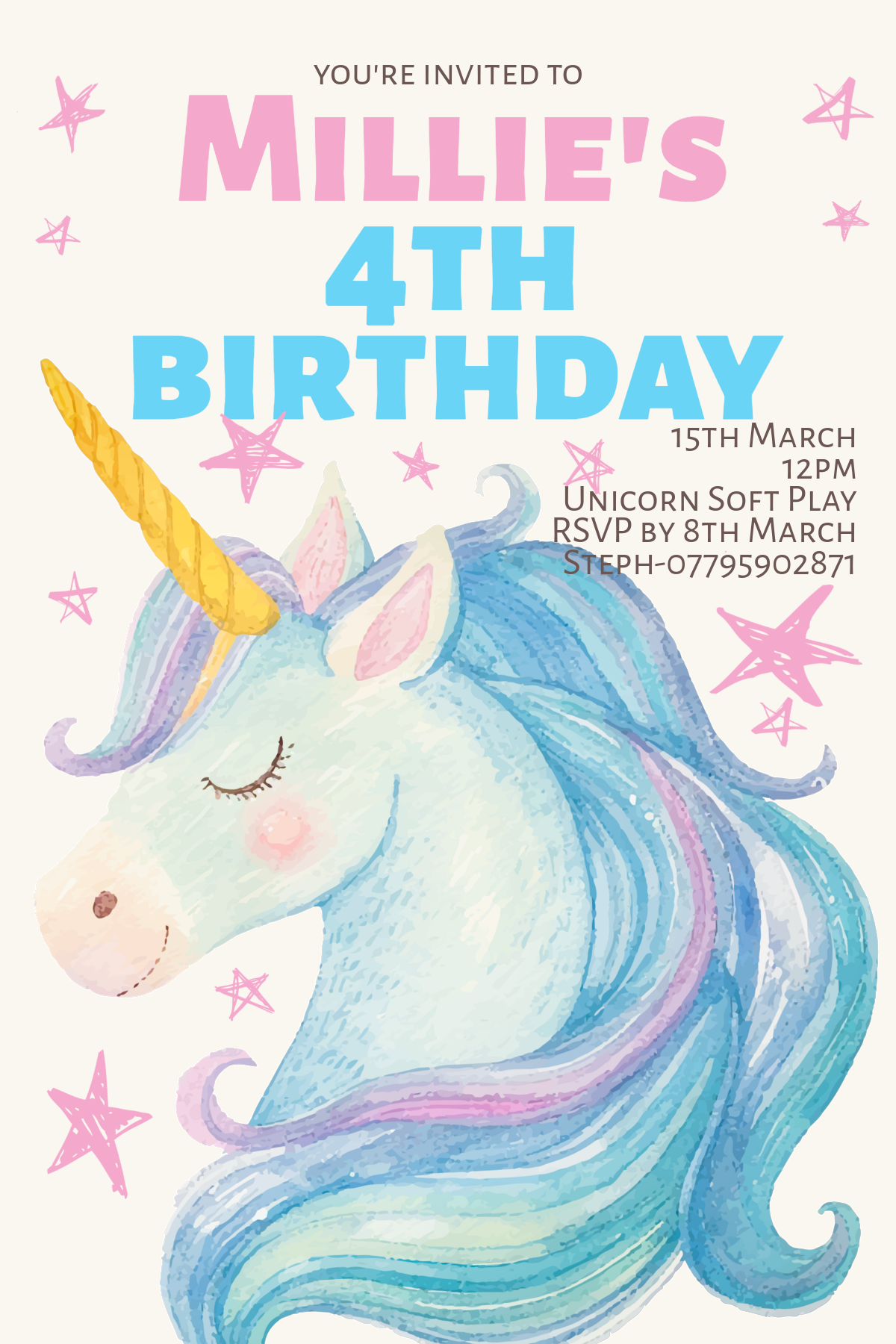Unicorn Blue Invitation - Customisable