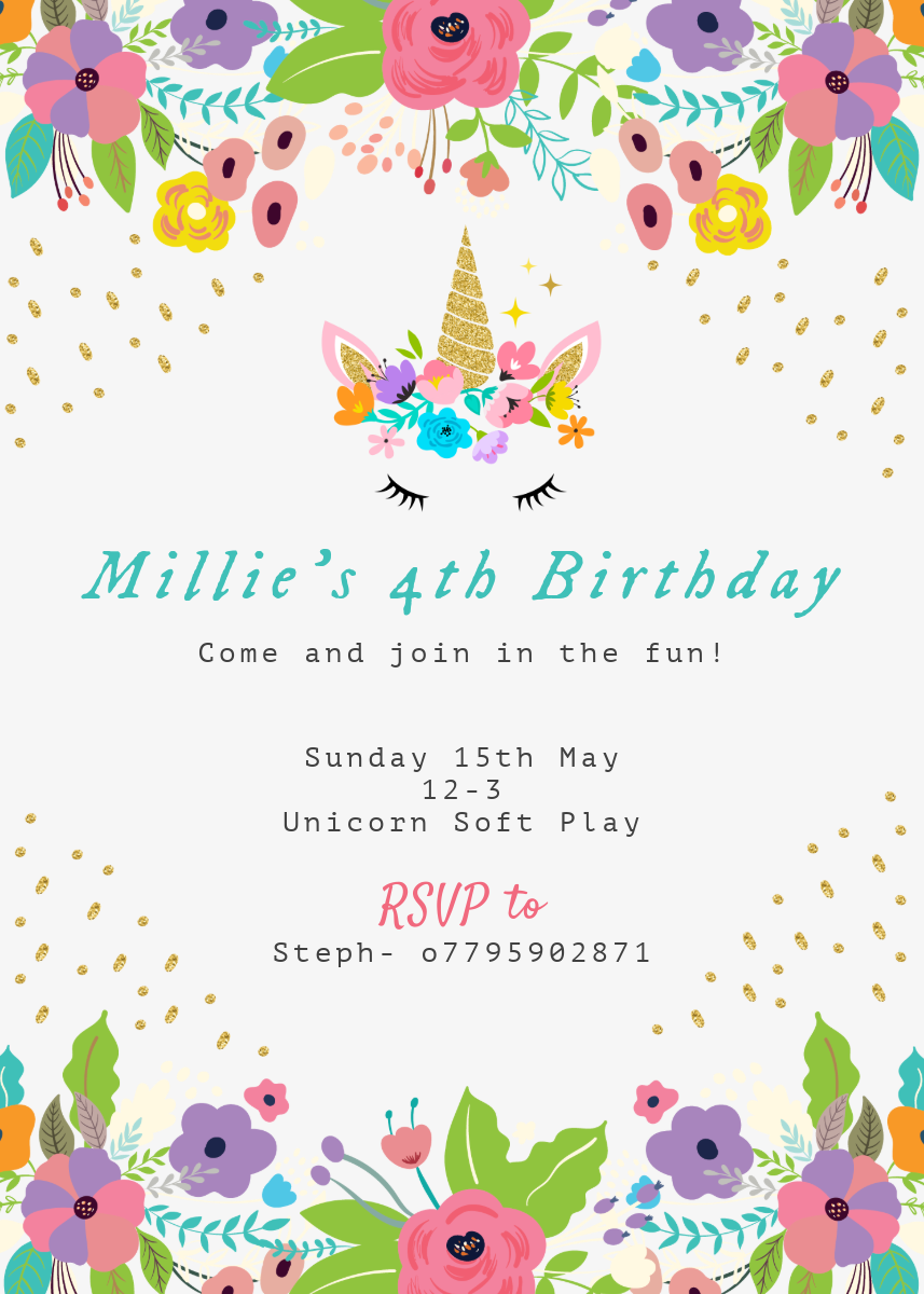 Unicorn Invitation (Confetti Edition) -Customisable