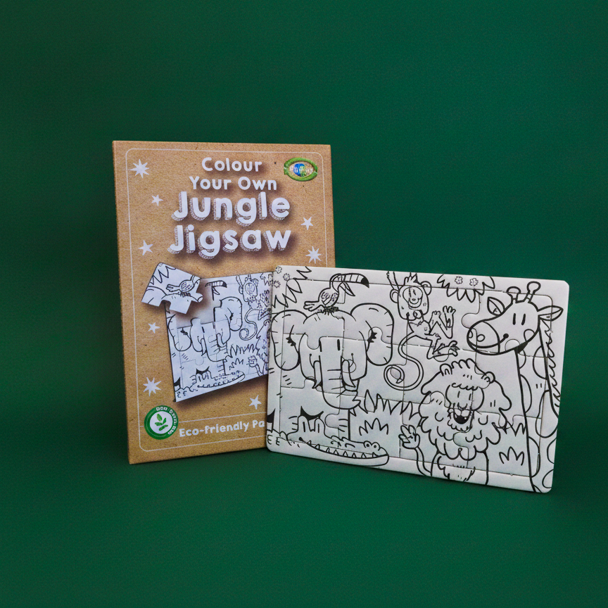 A jigsaw puzzle  on a solid green background. It's an animal puzzle showing cartoon elephants, a giraffe, a lion, and a crocodile.