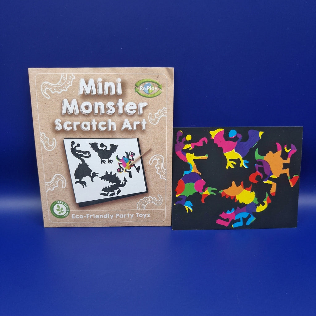 Mini Monster Scratch Art kit shown with its packaging and a completed colorful art piece on a blue background.