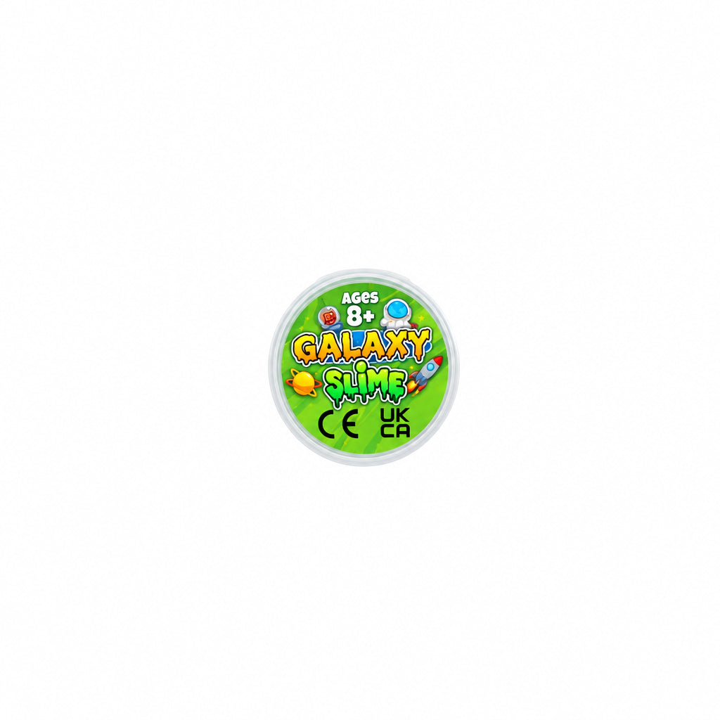 A round green container of Galaxy Slime, featuring colorful cartoon graphics and text on a plain white background.