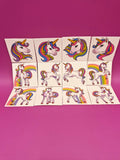 Sheet of unicorn tattooes with multicolored designs on a pink background