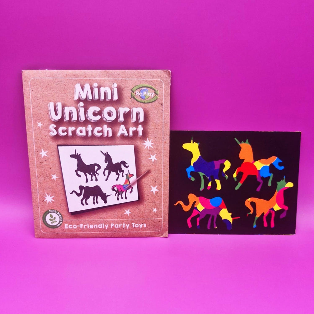 Mini unicorn scratch art set with packaging on a purple background