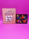 Mini unicorn scratch art set with packaging on a purple background